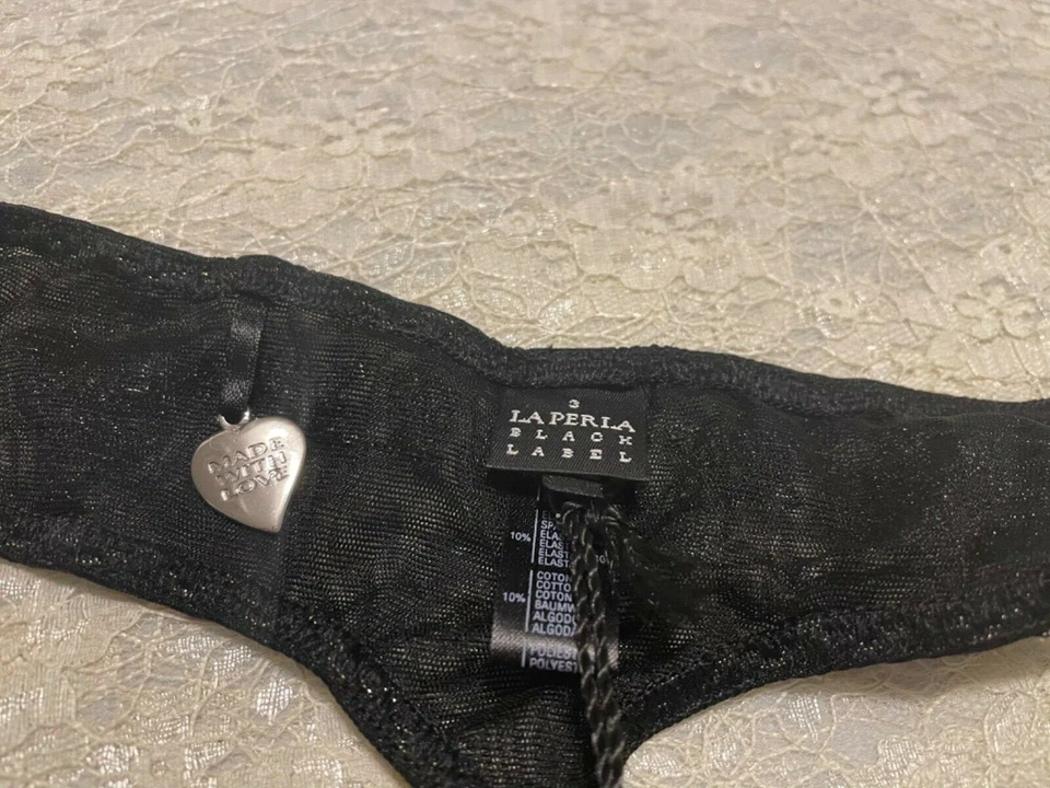 Juego de Tanga Sujetador La Perla Etiqueta Negra Litterae 36B M Negro Plata Corazón Colgante Foto 4 de 4