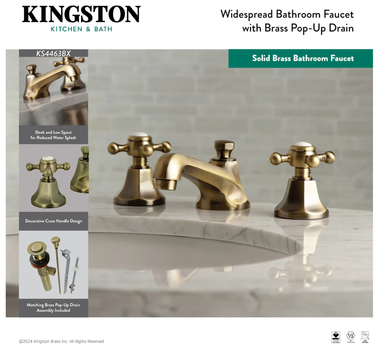 Kingston Brass KS4463BX Metropolitan 8" Widespread Bathroom Faucet Antique Brass