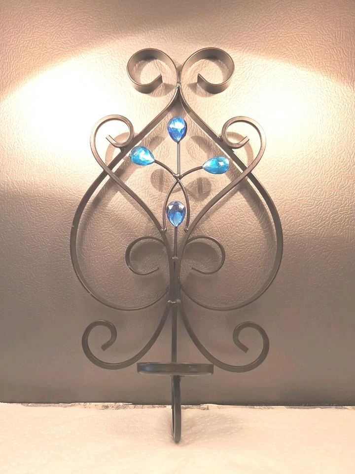 PAR de apliques de velas de hierro forjado con acento de estrás de lágrima azul 14" Foto 3 de 4
