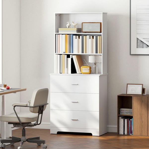 Homcom BüCherschrank 180 Cm Hochschrank Mit 3 Schubladen, 3 Offenen Regalen Weiß-image