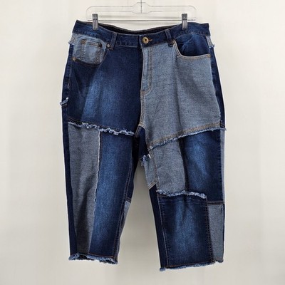 Ashley Stewart Patchwork Capri Jeans Womens 16 Blue Raw Hem Frayed Multi-Wash