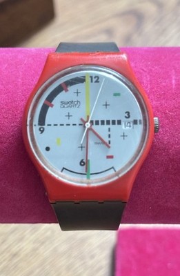 1984 Swatch Watch COMPU-TECH GR401 Red & Black Retro GREAT WORKING CONDITION