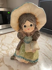 VTG Peter John Pottery BLUE BONNET GIRL Coin Bank Holding Book KITSCHY CUTE