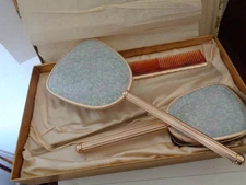Vintage c.1960s vanity dressing table set Blue gold tone mirror comb brush