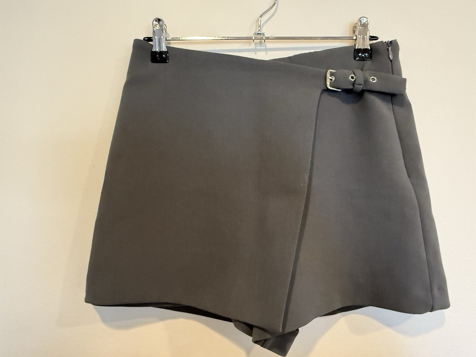 Zara Grey Belted Skort Size XS Asymmetric Wrap Tailored Shorts Mini Skirt