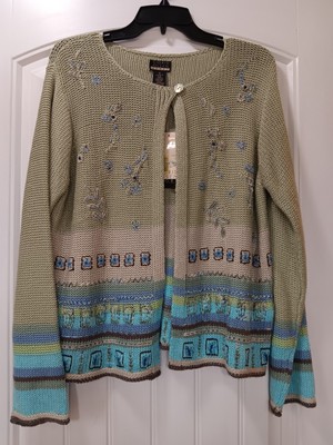 Sigrid Olsen Knit Cardigan Sweater M Enchanted Garden Blue Green Linen Rayon 
