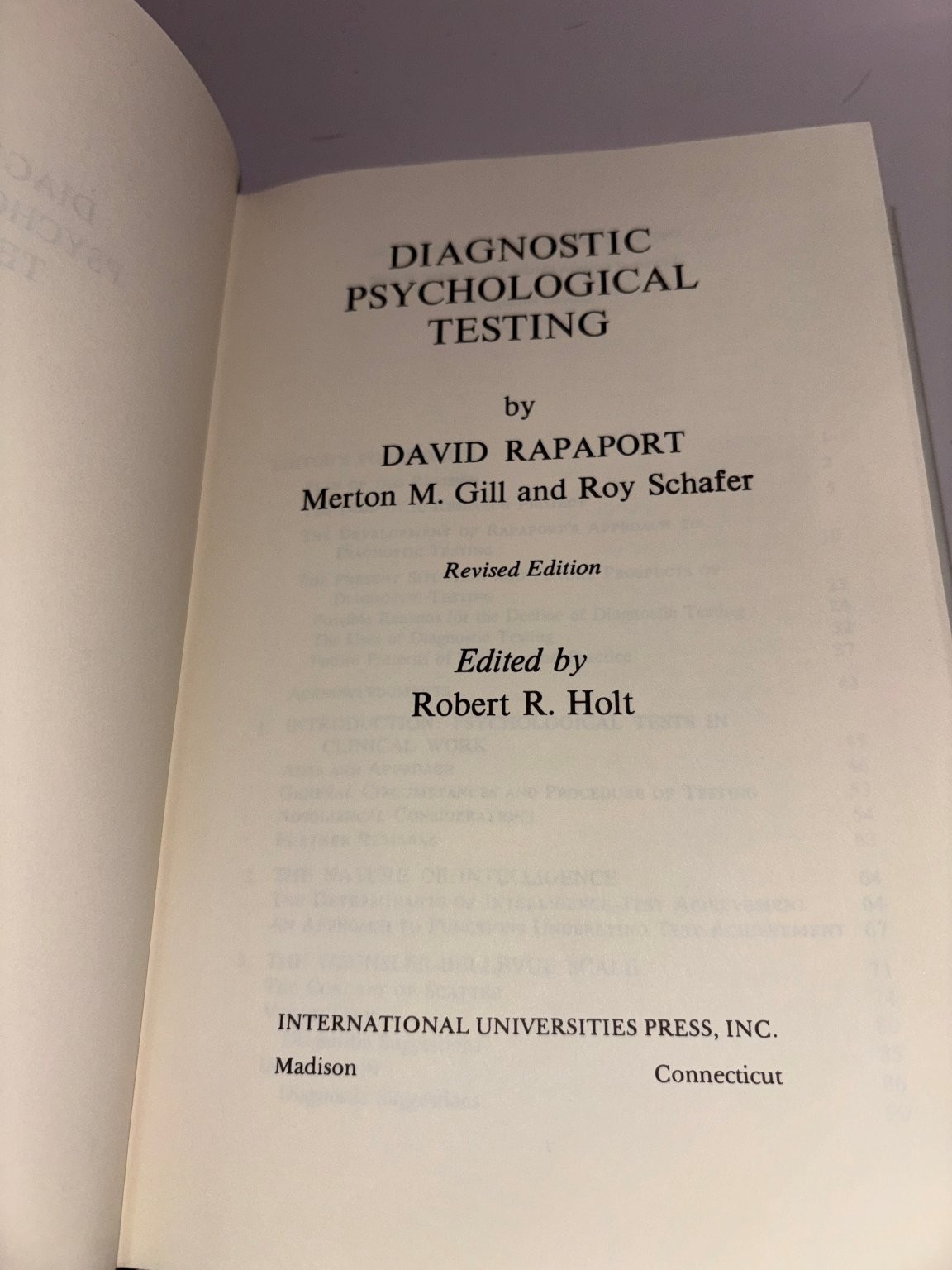 Diagnostic Psychological Testing Rapaport Gill Schafer 1991 Revised Edition IUP