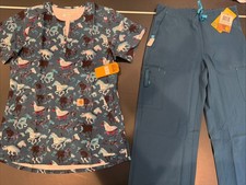 Women  s Carhartt Scrub Set - Horse Print Top and Bootcut Pant - Caribbean Blue