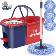 MYSPRI Spin Mop and Bucket System with Wringer Set for Floors, Separate Clean