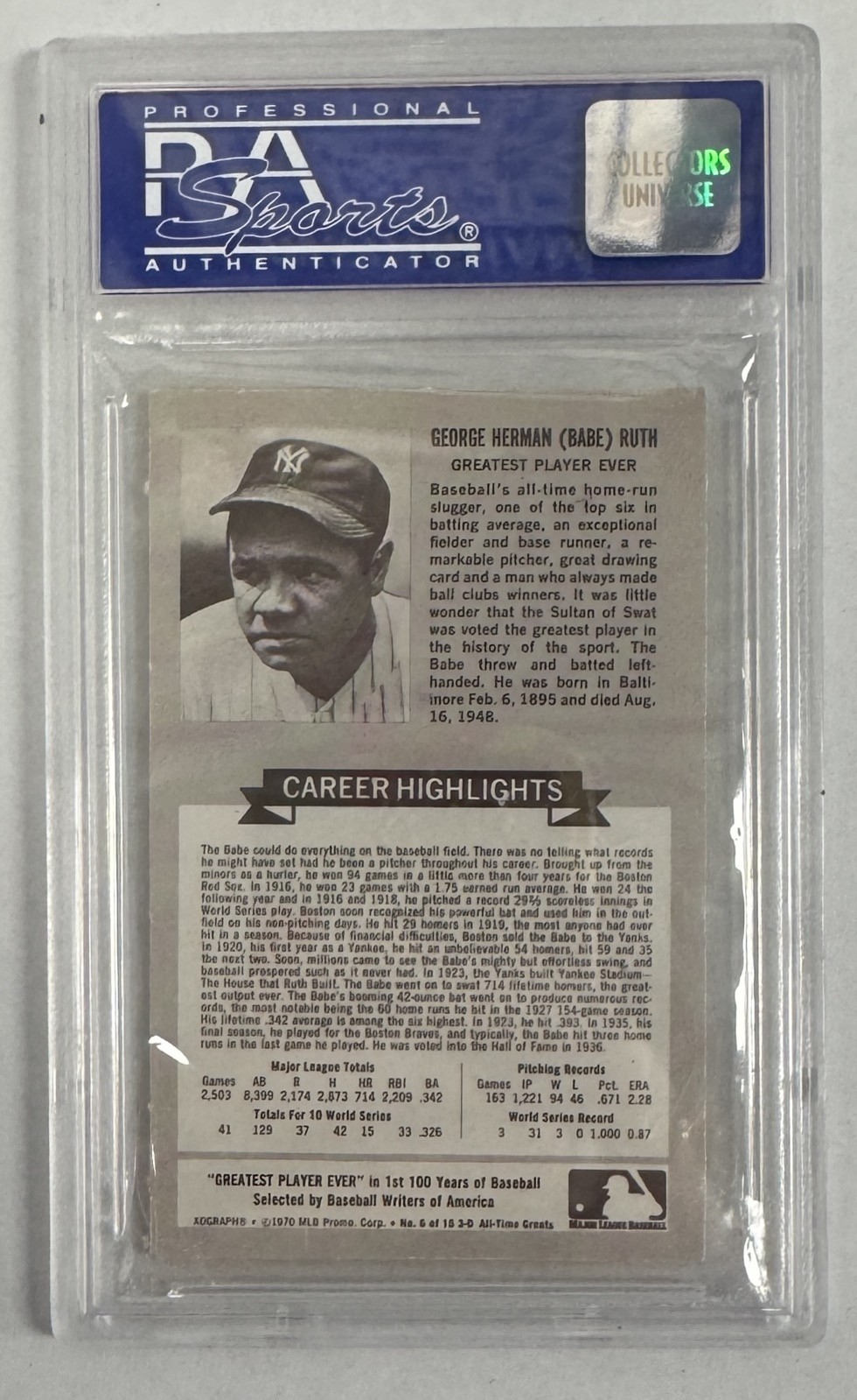 1970 ROLD GOLD PRETZELS BASEBALL GREATS #6 BABE RUTH PSA 8 09085743