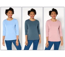 Denim & Co. Essentials So Soft Jersey 3-Pack Round Neck Tops Blue/Slate/Rose L N
