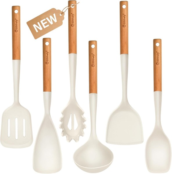 KüChenutensilien-Set 6-Teilig Silikon HitzebestäNdig Bpa-Frei Mit Holzgriff Weiß-image