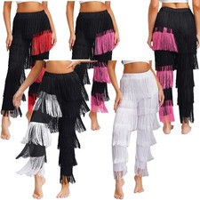 Womens Costume Party Trousers Ballroom Fringe Pants Tassel Elastic Waist Dance