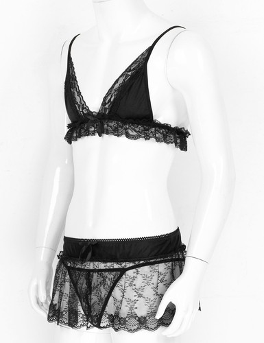 Männer Sissy Spitze Lingerie Set BH mit Mini Rock und String Slip Reizwäsche - Bild 5 von 72
