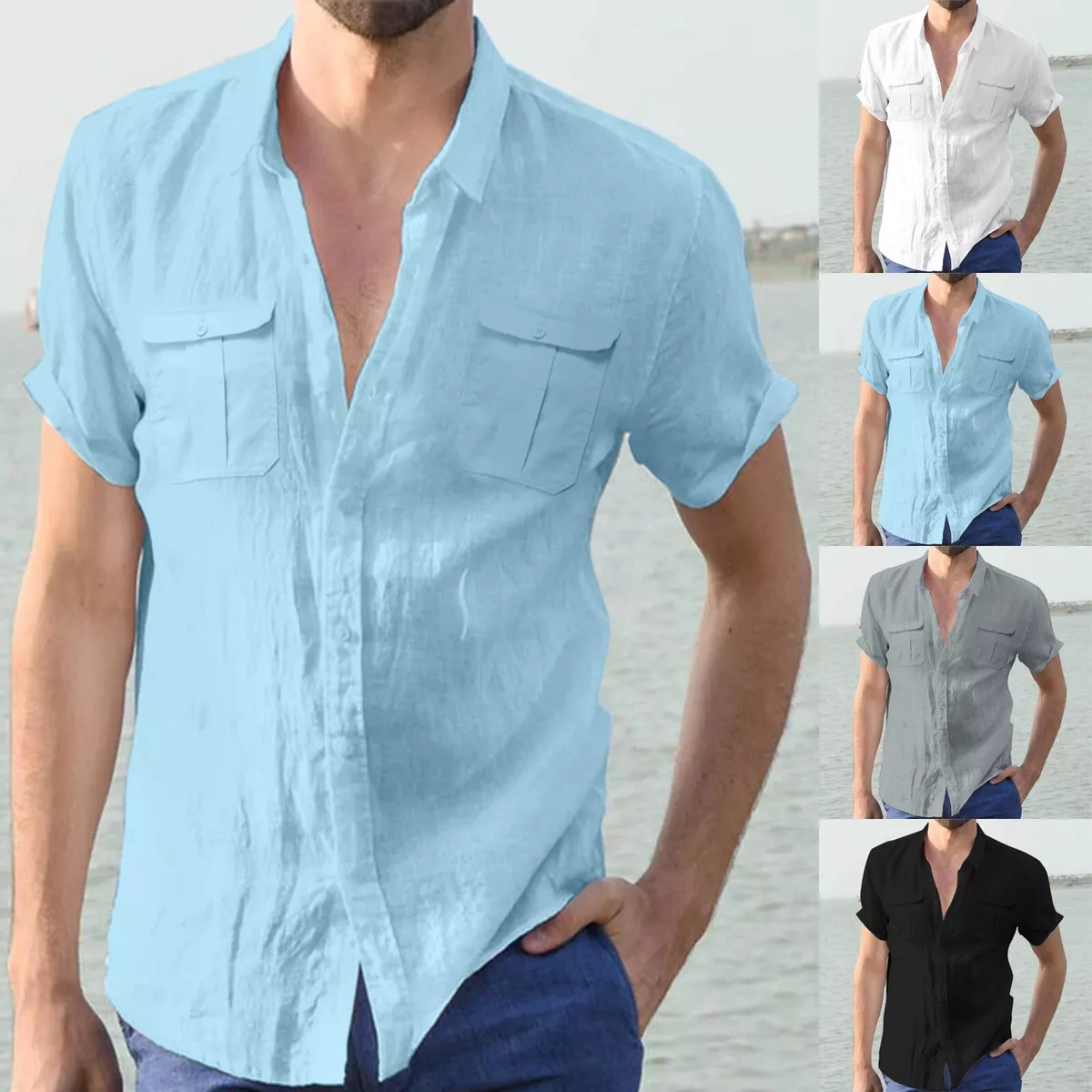 Mens Short Sleeve Shirts Button Down Tops Beach Linen Fishing Tees  PlainBlouses