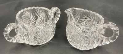 Vintage Cut Crystal with Saw Tooth Edge Creamer and Sugar Bowl Set