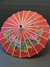 Vintage Bamboo Wood Parasol Umbrella Red Floral 20" Round