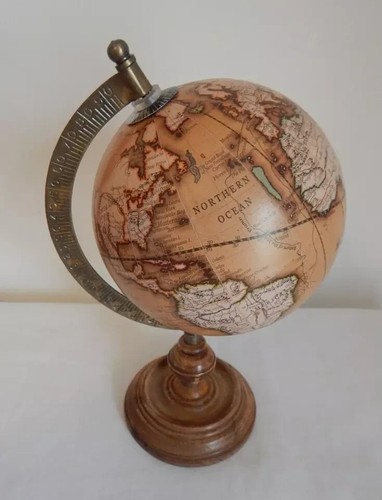Weltkugel Atlas Ornament auf Holzsockel Metallbogen drehbares Regal Sitzer 3 Stile