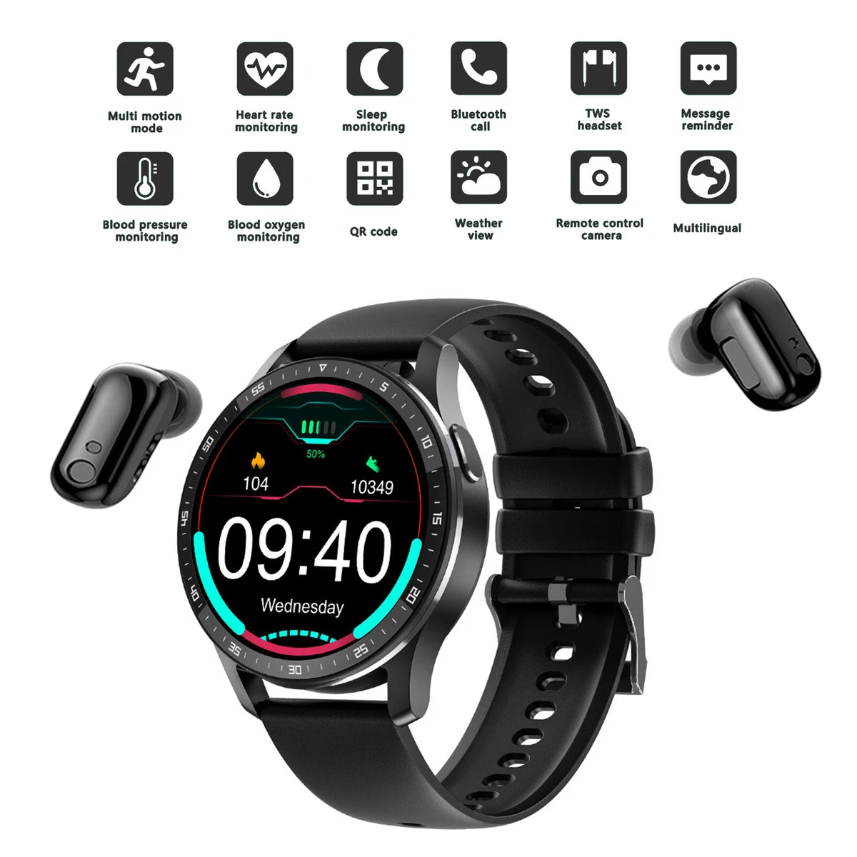 2 in 1 Smart Watch with Earbuds Smartwatch True Wireless Bluetooth