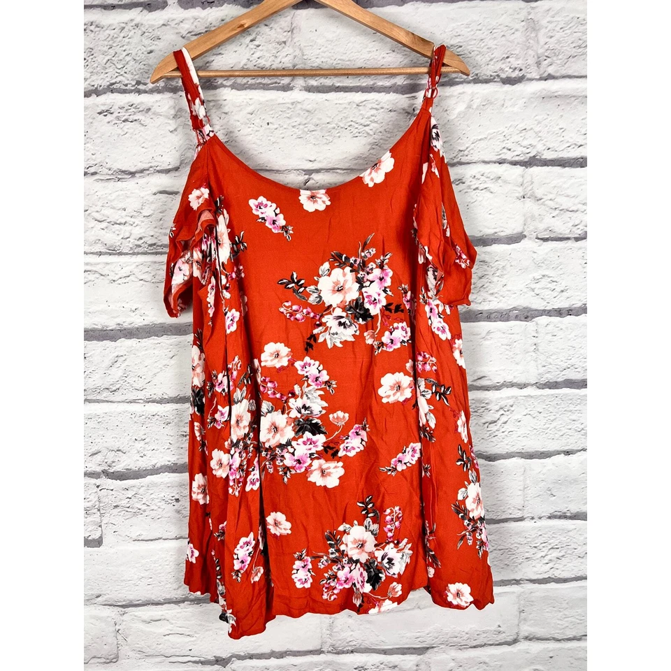 Blusa para mujer TORRID 3X (3) naranja floral crepé hombro frío cuello en V top alto-bajo Foto 4 de 4