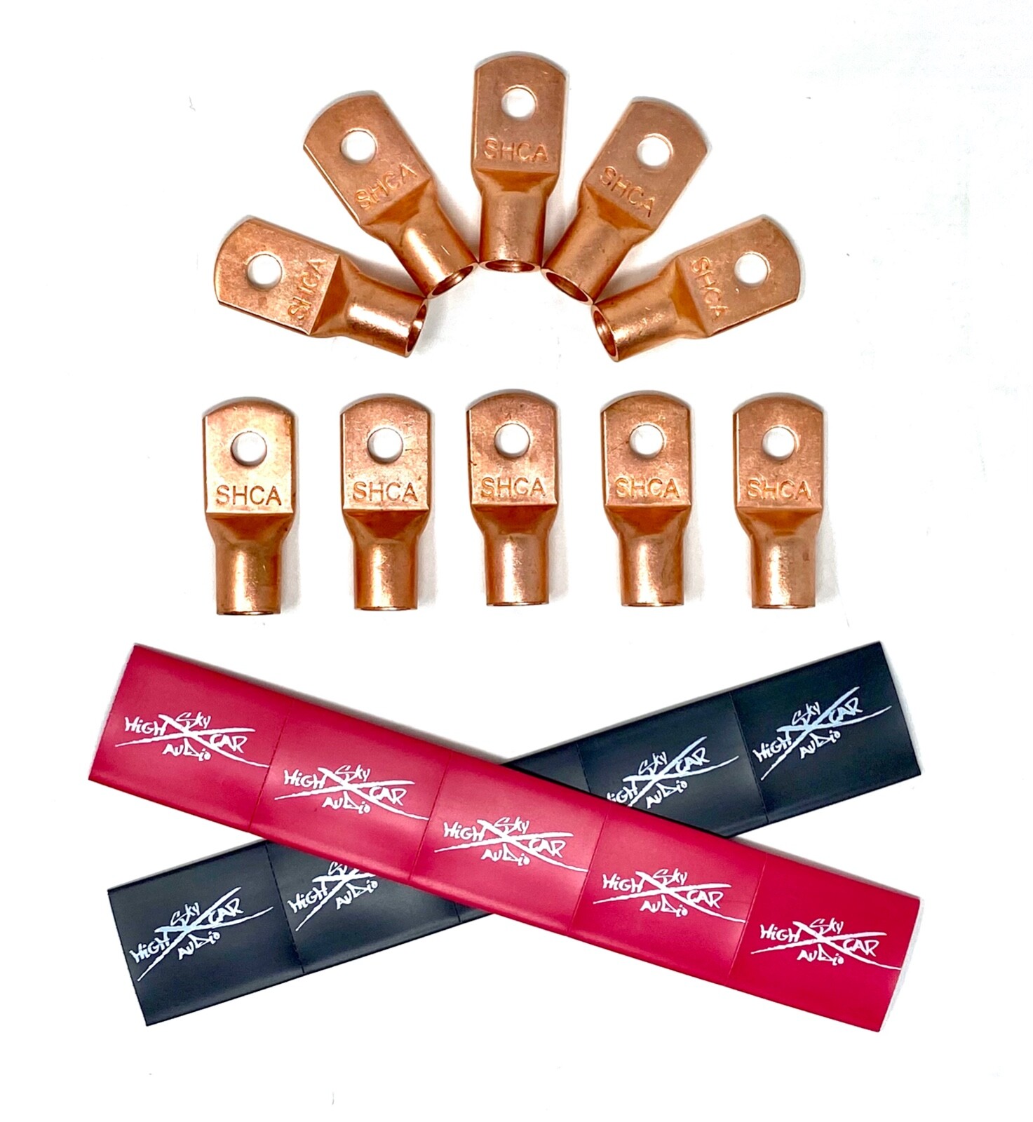 (10) 2/0 Gauge Copper Ring Terminals w/ RED & BLACK Heat Shrink Tubing Lugs 3/8"