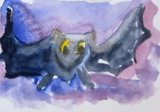 flying bat aceo miniature watercolor collectible art Delilah