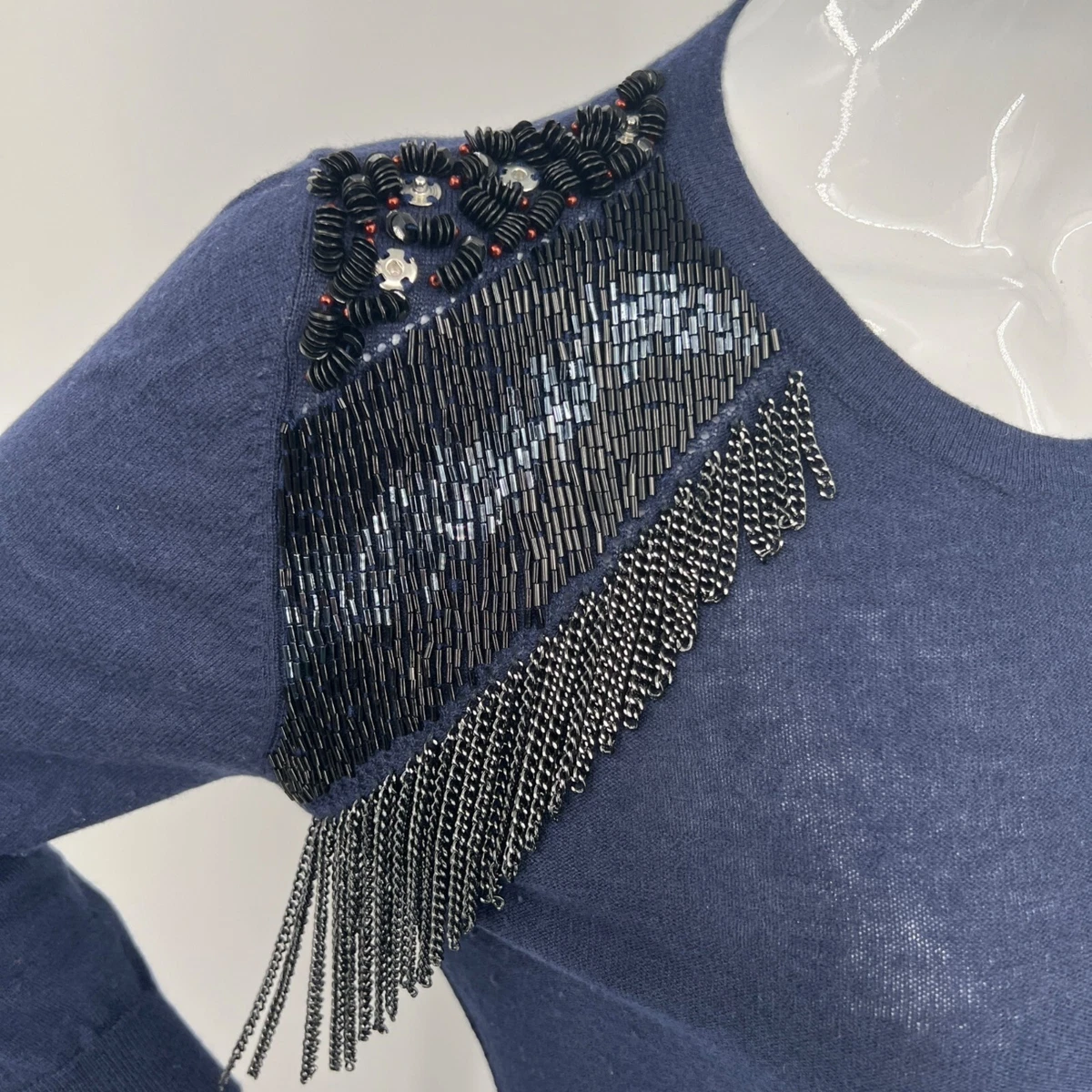 AnnaRita N Knit Couture Blue Pullover Sweater with Beaded Shoulders Chain  Fringe