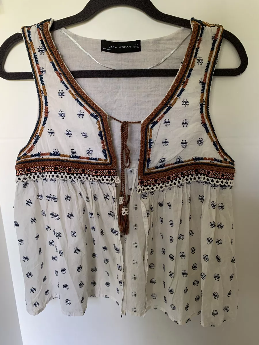 Zara Boho Open Front Top Vest Tassels Embroidered Size Small
