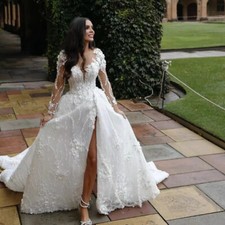 Full Sleeves Wedding Dresses Princess for Bride Elegant Appliques Sweep Train