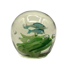 Art Glass 2.5" Paperweight Two Fish Swimming Above Seaweed Bubbles