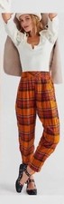 Free People Pants Orange Preppy Plaid Pull On Elastic Waist Boho Retro Large NWT