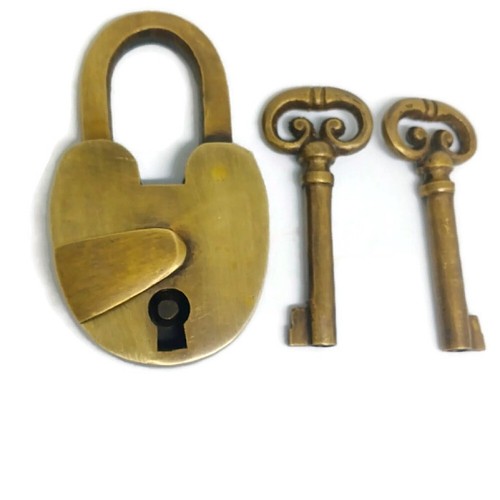 LONG SHANK old style Vintage BRASS PADLOCK Skeleton KEYS LOCK UNUSED 3 " inch - Picture 2 of 6