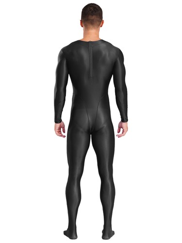 Mens Glossy Bodysuit Zip Back Suit Long Sleeve Leotards Footed Jumpsuit Bodysuit - Picture 9 of 68