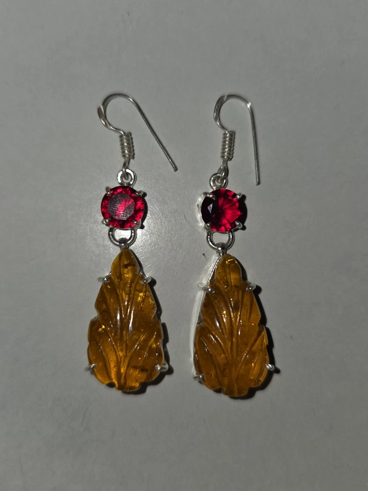 Neu 925 Sterling Silber  Bernstein Hängeohrrine mit 2 Echten Granate Länge 4,5cm - Bild 4 von 4