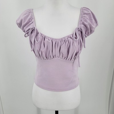 Le Lis Crop Top Womens Medium Purple Lavender Ruched Bows Cottagecore Milkmaid