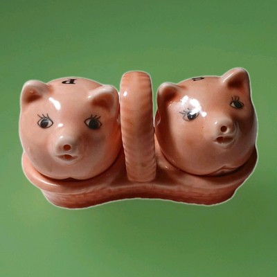  Vintage  Salt & pepper shakers Ceramic, With Holder. Little Pink Pigs.  1950's 