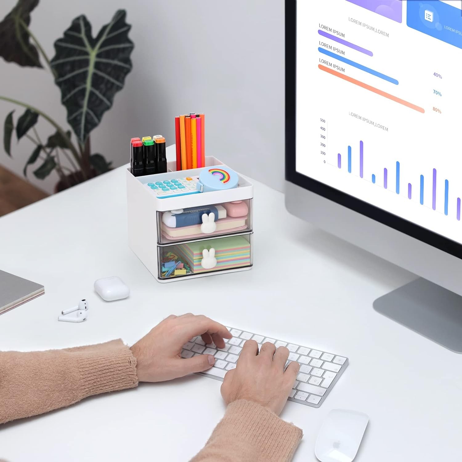 LETURE Small Desk Organizer With Drawer, Office Desktop Storage Box, White 