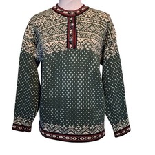 Vintage LL Bean Fair Isle Nordic Sweater Green Heavy Cotton Metal Buttons Sz Med