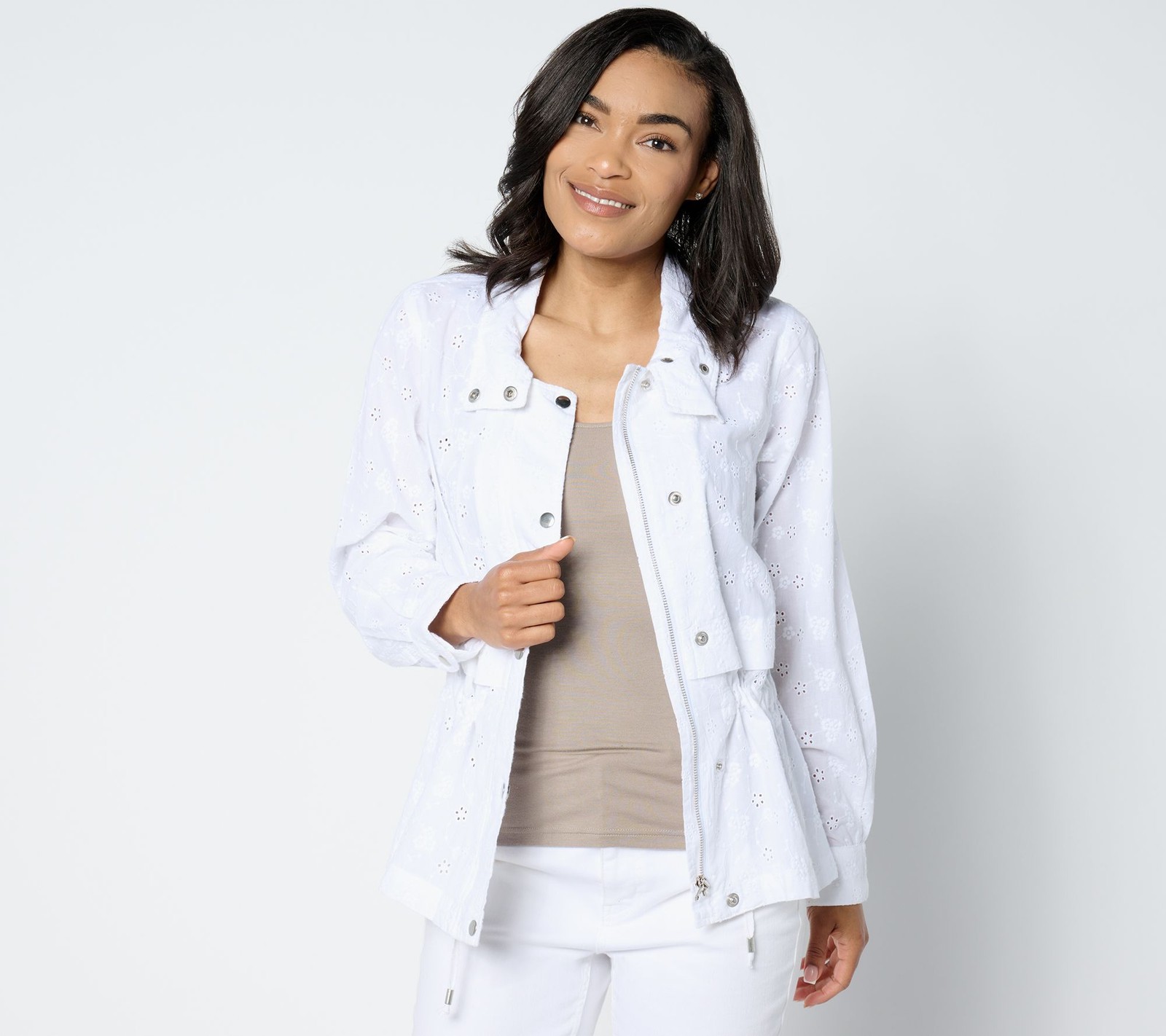 Dennis Basso Women's Jacket Sz L Cotton Eyelet Anorak Brght Wht A650071