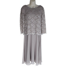 Alex Evening Womens Formal Dress 16 Gray Floral Lace 3/4 Sleeve