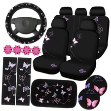BBTO 19 Pcs Embroidery Cute Car Accessories Set Include Seat Covers, Butterfly