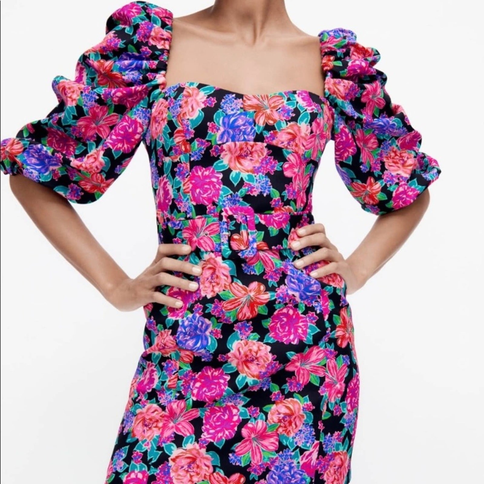 Zara Floral Belted Puff Sleeve Mini Bodycon Dress Size Xs thumbnail 4