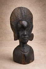 Vintage African Tribal Wooden Bust – Hand Carved Female Head Sculpture – Ethnic