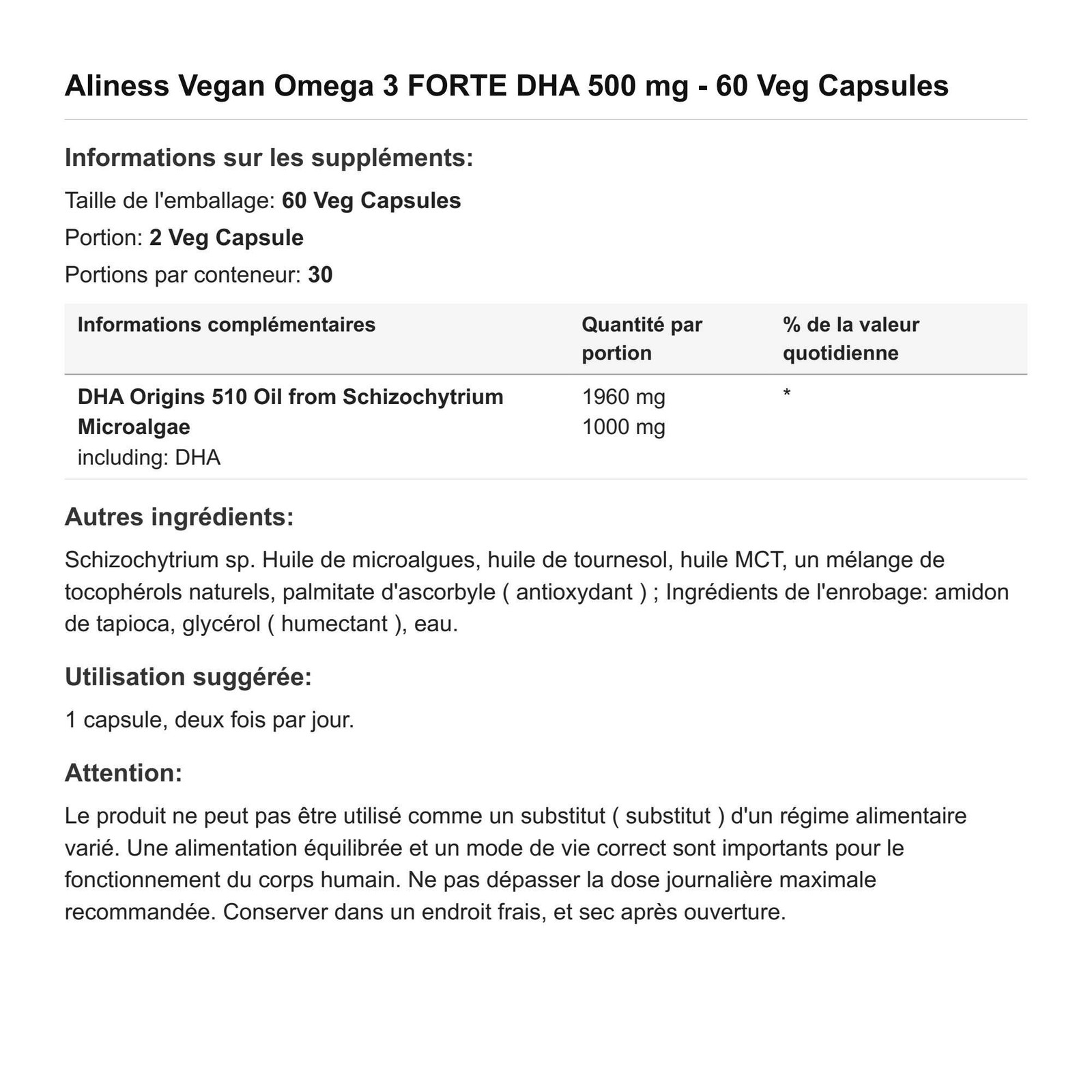 Oméga 3 Végétalien DHA 500 mg Aliness 60 capsules