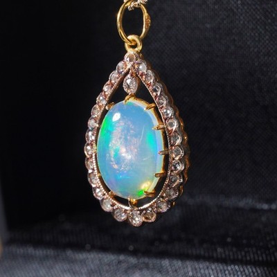 Edwardian Solid Crystal Opal & Rose Cut Diamond Halo Pendant Gold Gilt Silver