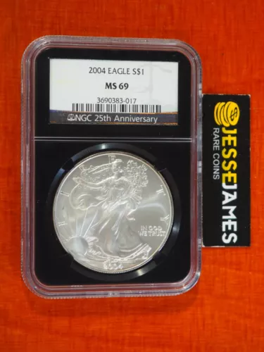 2004 $1 AMERICAN SILVER EAGLE NGC MS69 BLACK CORE HOLDER