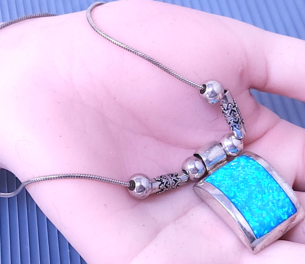 Vtg Sterling Silver 925 Rectangular Blue Opal Inl… - image 1