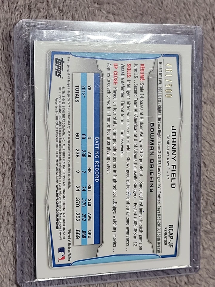 2014 Bowman Chrome Refractor Autograph #BCAP-JF Johnny Field No 461 of 500 - Image 4 of 4