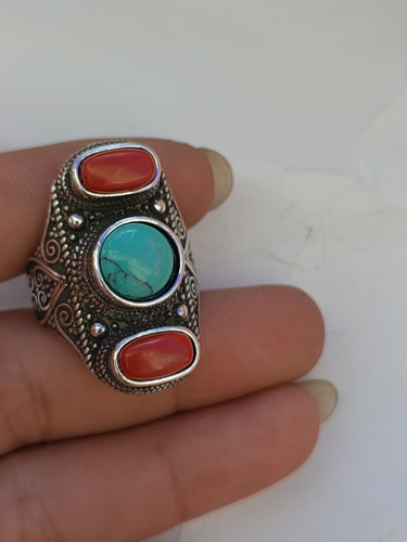 Old Chinese Tibet Silver Inlay Red Turquoise Handmade Opening Ring Gift - Picture 4 of 4