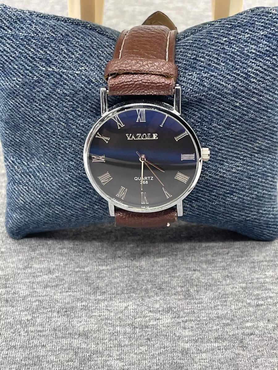 Yazole Mens Watch 268 Quartz Brown Faux Leather Band Round 37 mm Black Dial